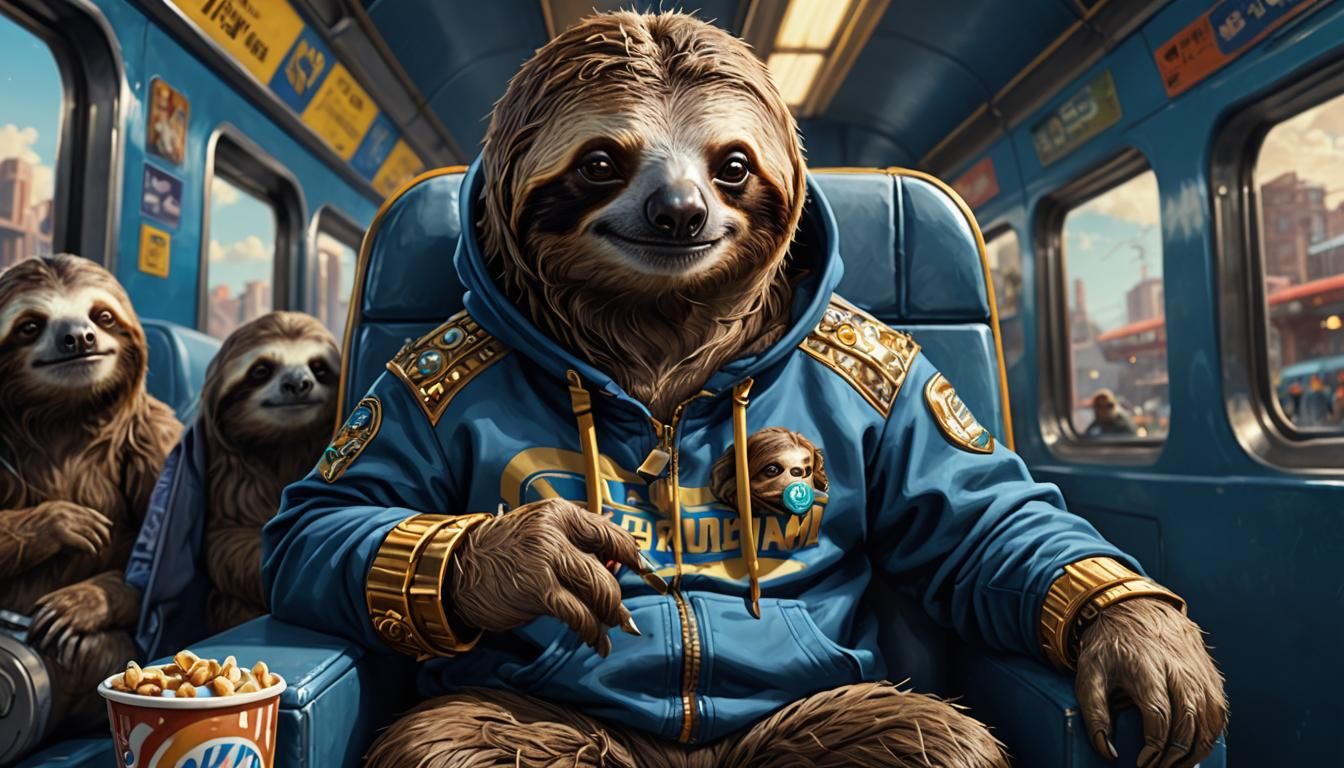 The image shows a sloth sitting on a train seat. The sloth is wearing a fancy and stylish hoodie. It eating a Snickers and looking at his sm...