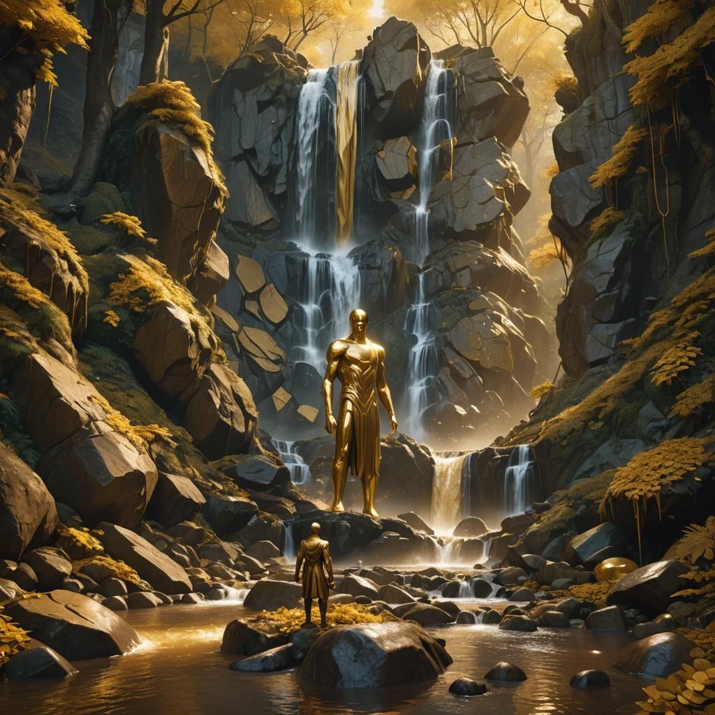 gold waterfall in gold forrest with giant gold stones and go...