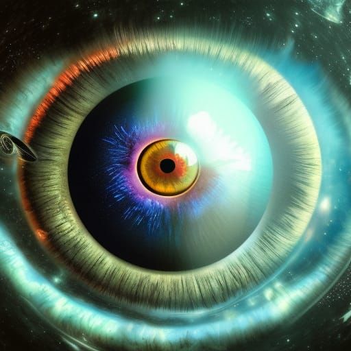 An amazingly huge alien eye in space, hyper realism, fantasy...