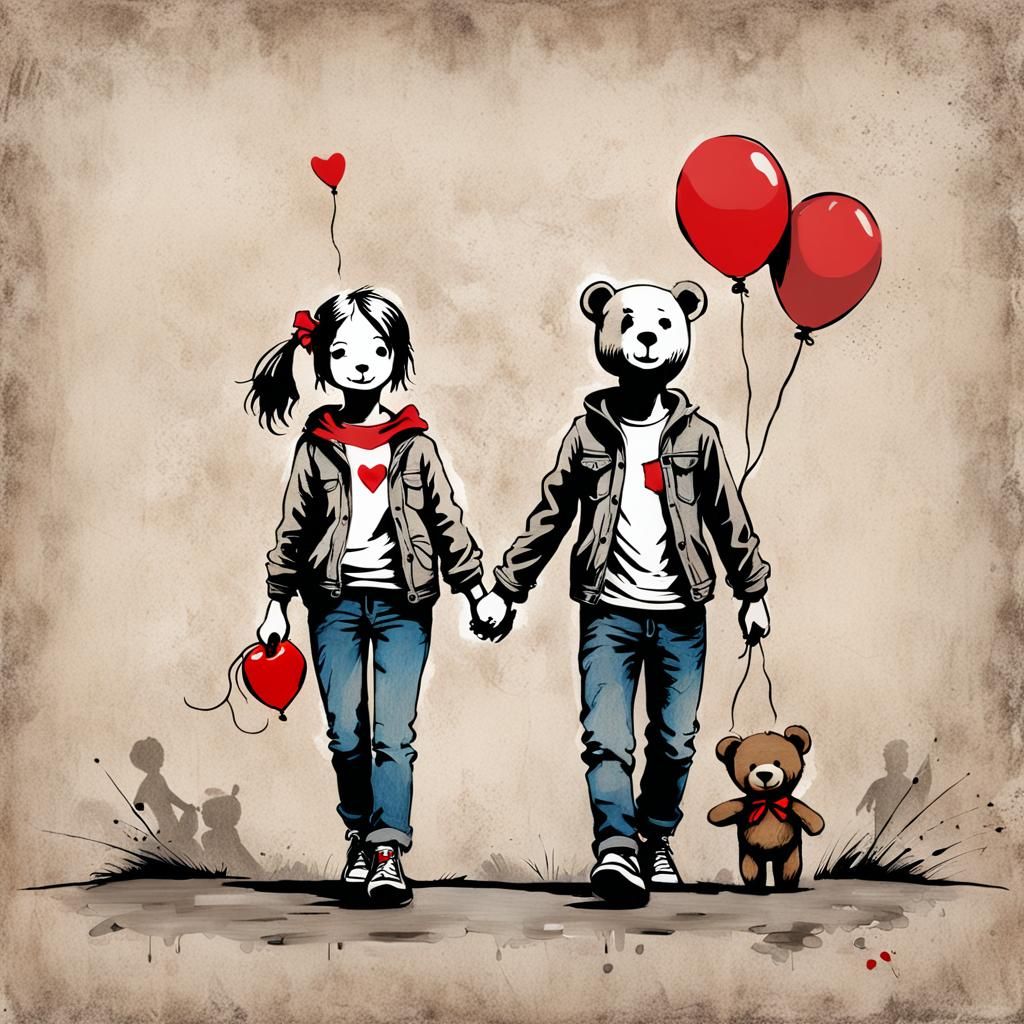In banksy art style,A whimsical drawing of a boy and girl ho...