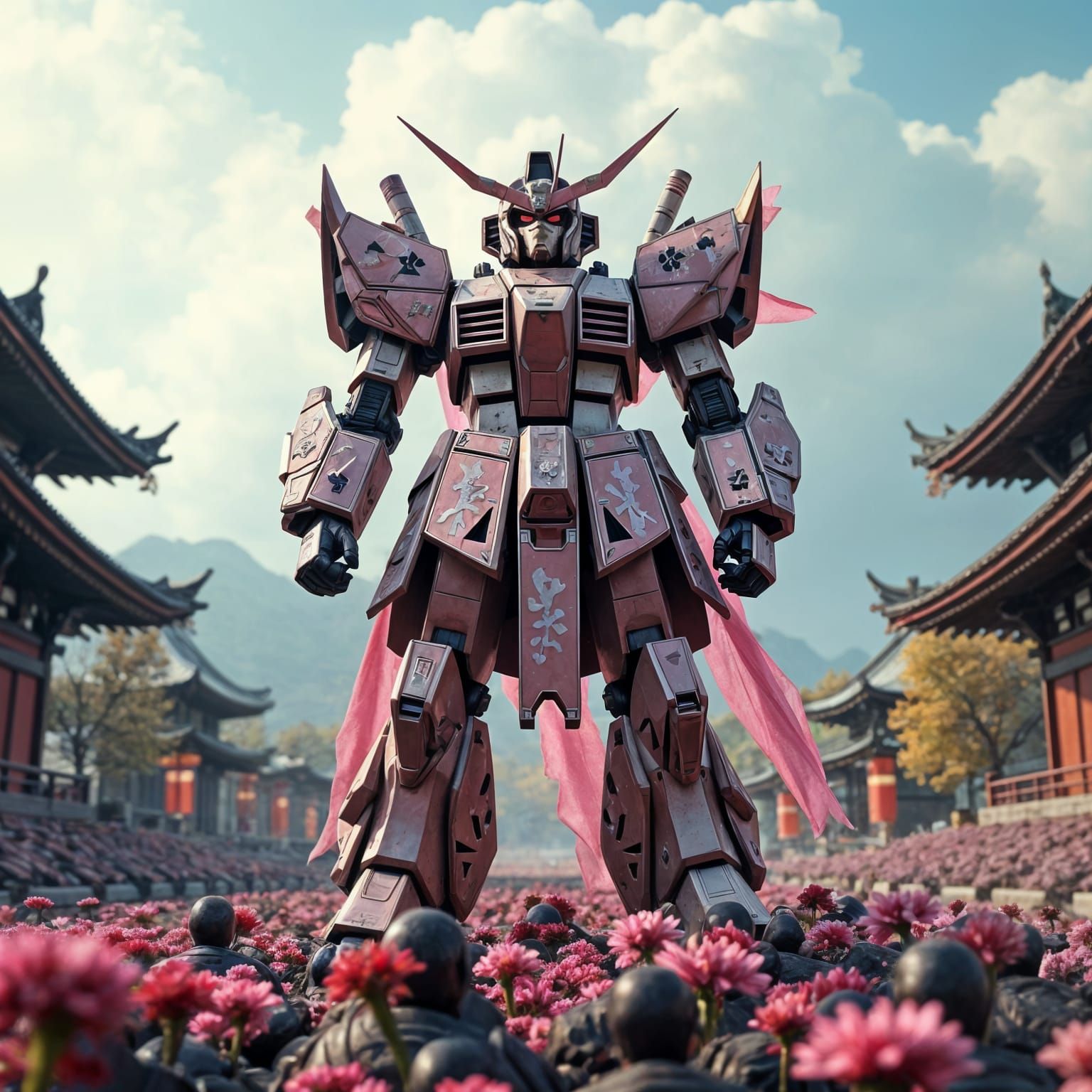 Samurai Gundam Robot standing triumphantly on top of a pile of dead soldiers in front of a Japanese temple shrine pagoda