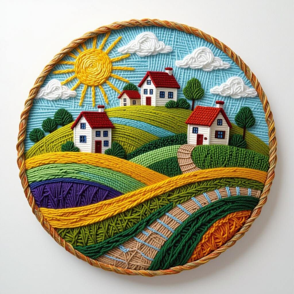 Thread Painting of Sunny Countryside Houses