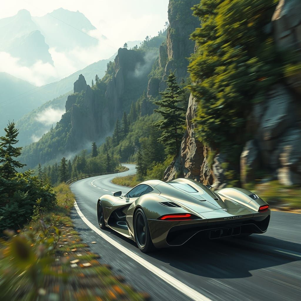 Futuristic Sports Car Speeds Down Winding Mountain Road in C...