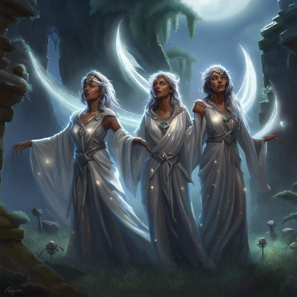 Druid women dancing in moonlit ruin