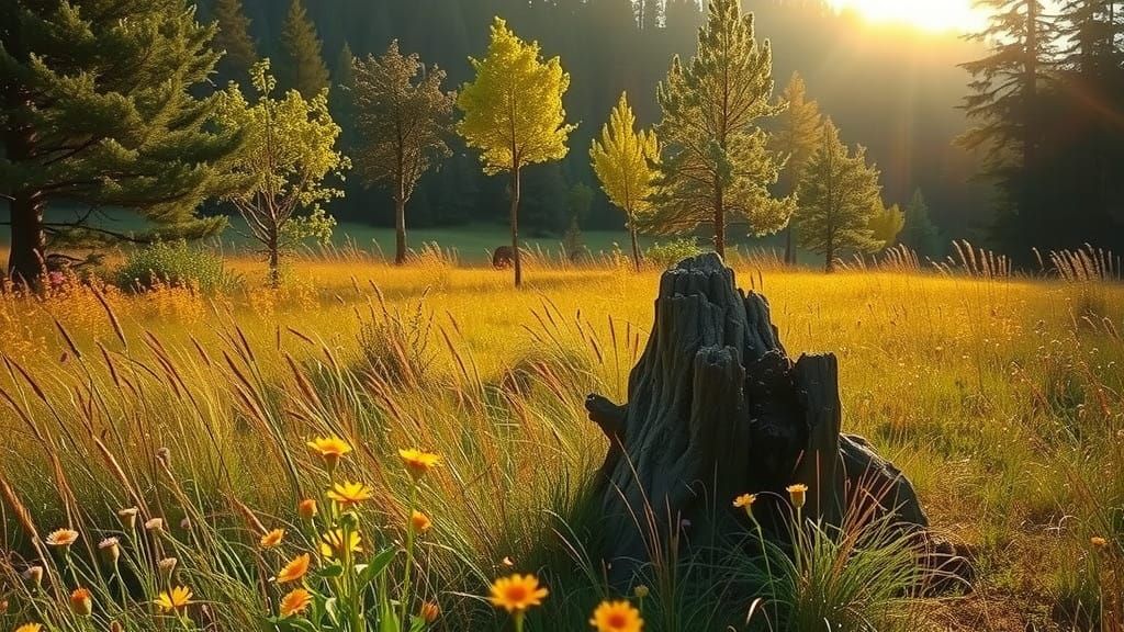 Meadow.  small stump Flowers. Forest.Sunny day intricate details, HDR, beautifully shot, hyperrealistic, sharp focus, 64 megapixels, perfect...