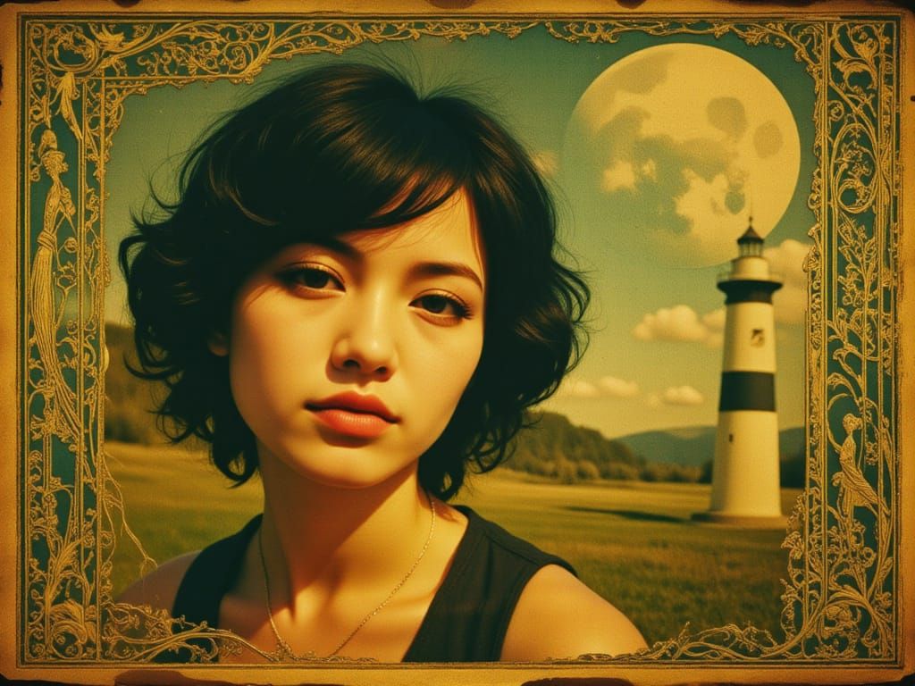 MODERN ASIAN WOMAN, 70'S PUNK STYLE, LAUNCH SITE, COSMIC EVENT, stylized portraiture, ornate gilded filigree frame, aged photo in the style ...