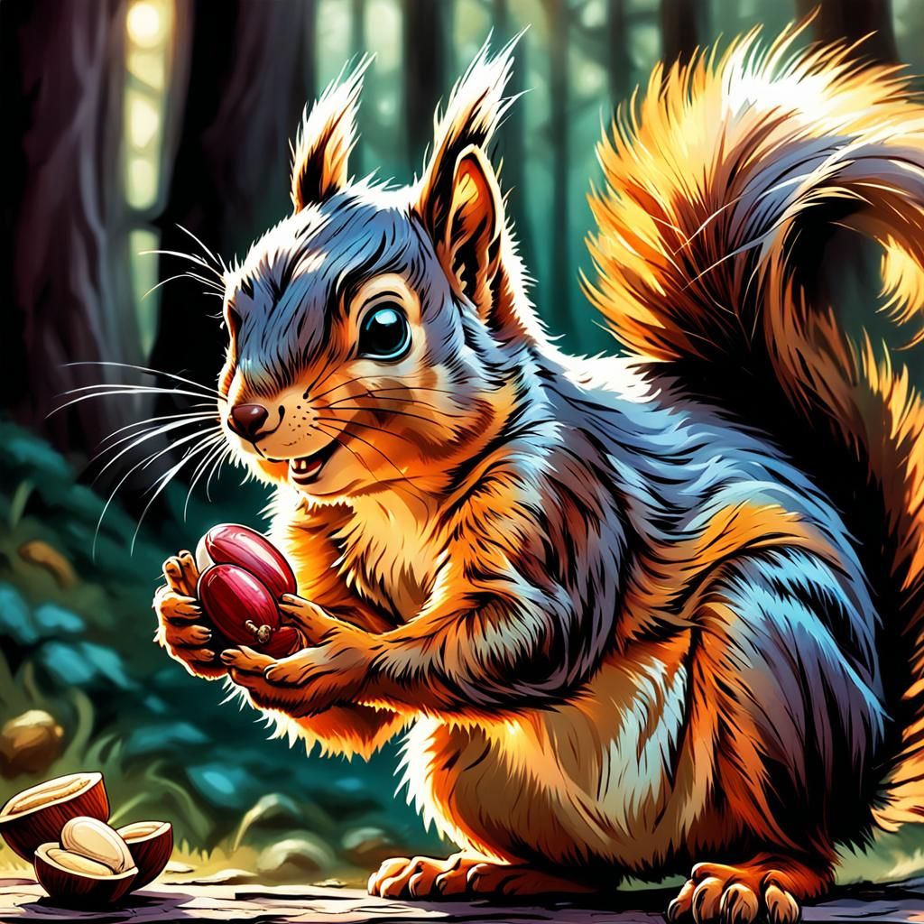 Whimsical Squirrel Eats Nut in Comic Book Style