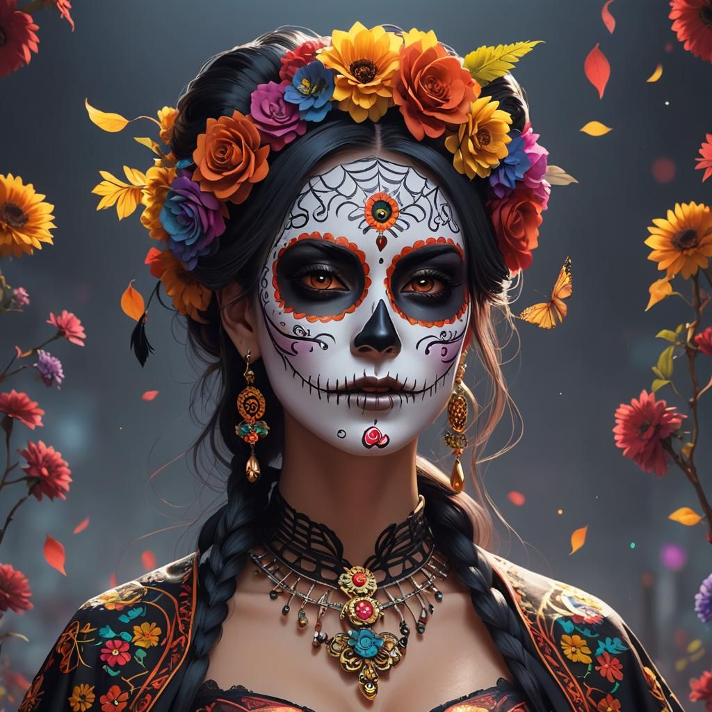 Medium shot of a beautiful woman wearing colorful Día de los Muertos ...