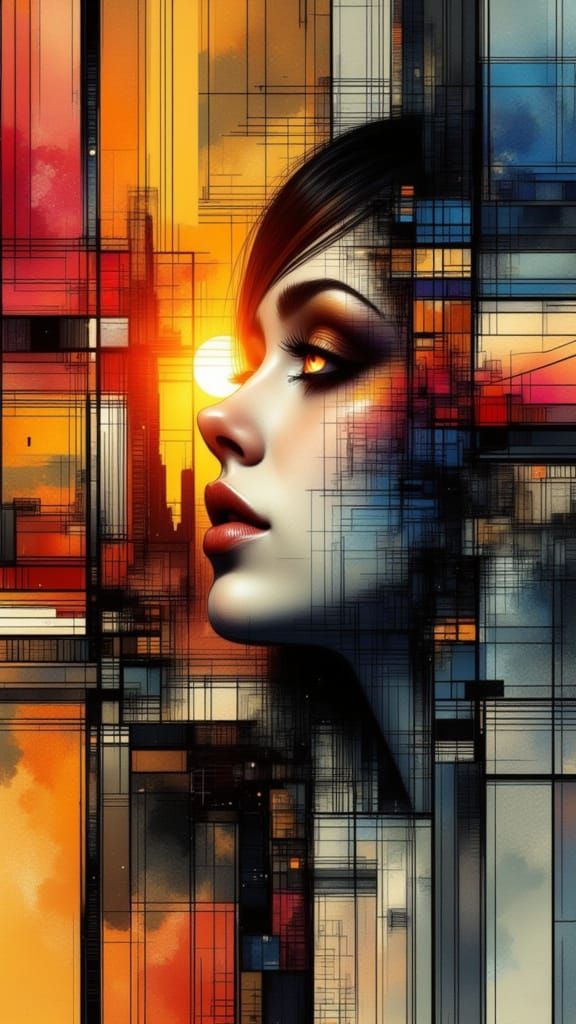 Glowing Cityscape with Bioluminescent Eyes in Post-Industria...