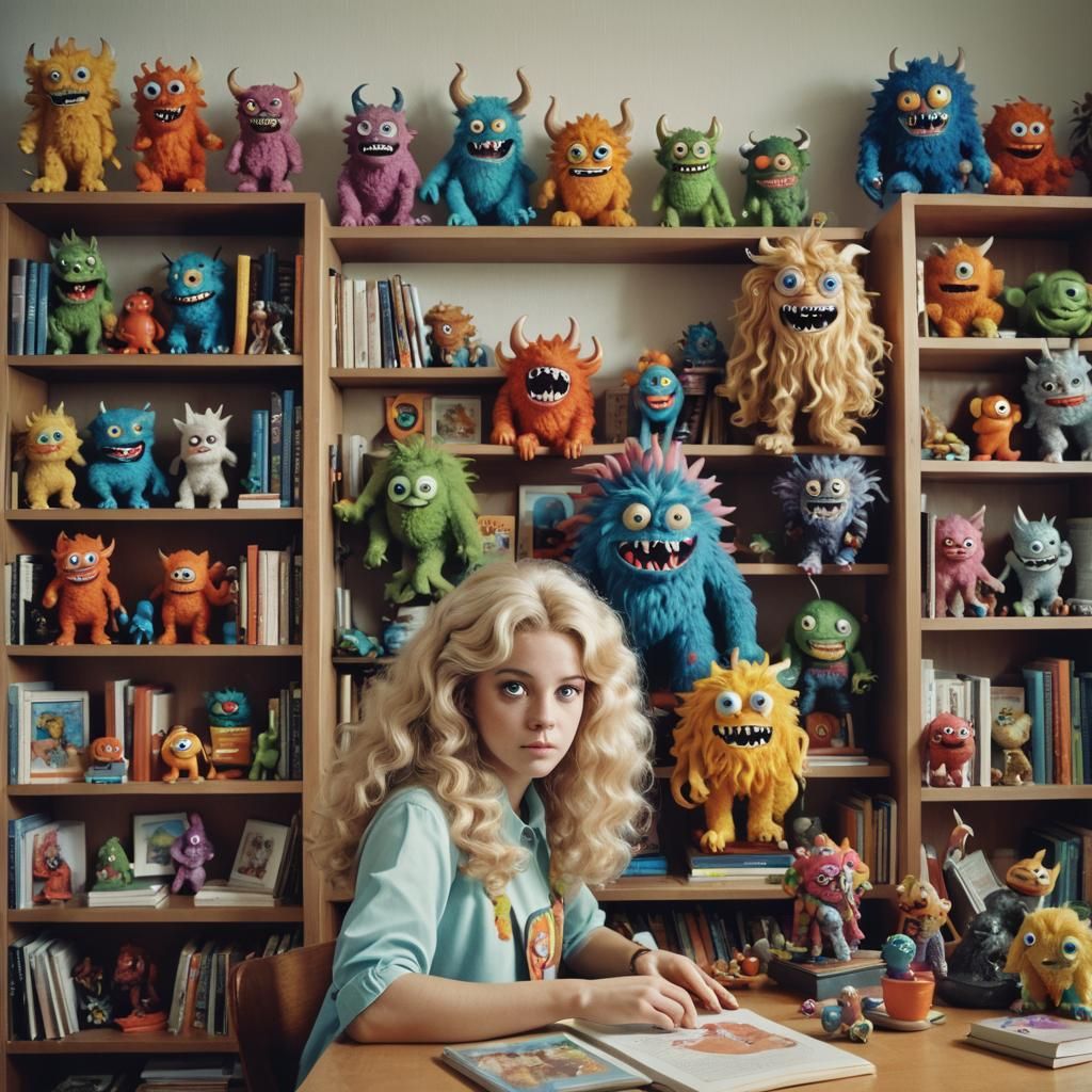 Girl in her room,  monsters all over the place