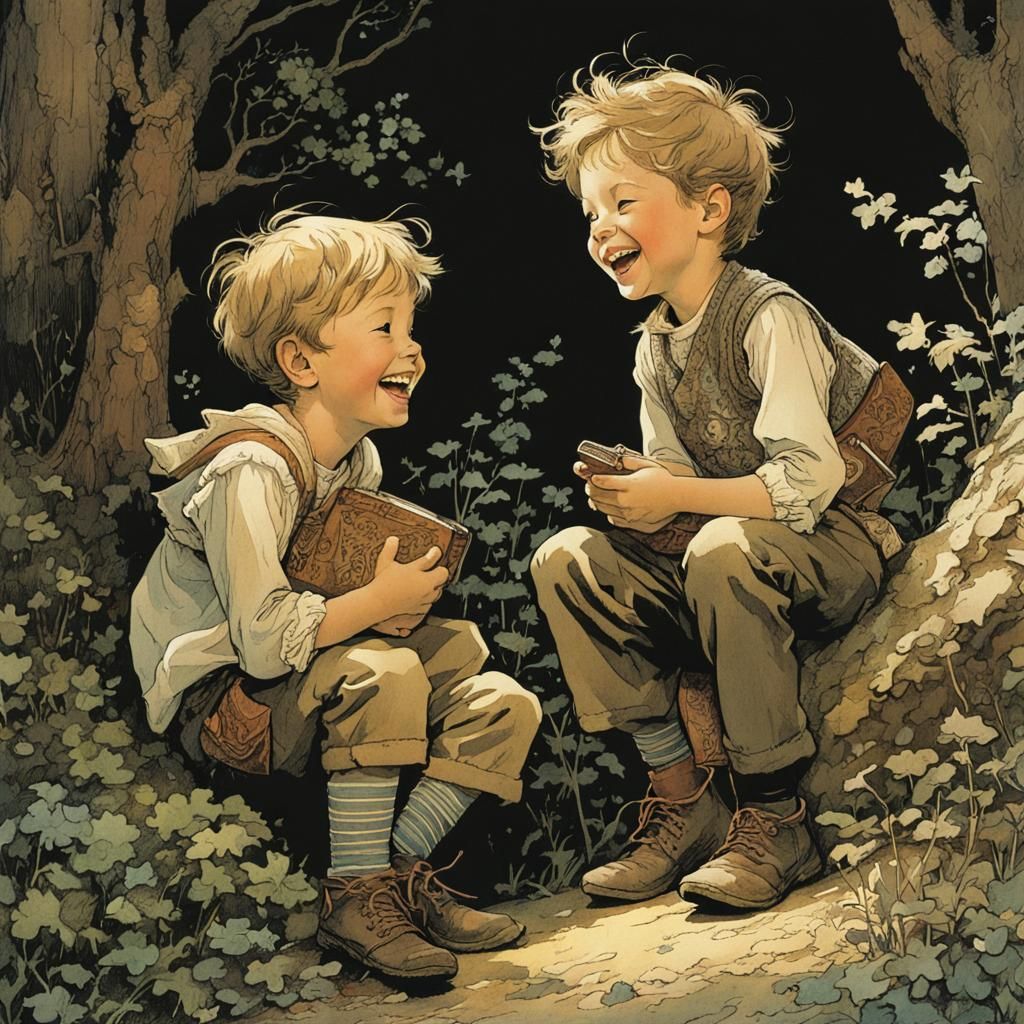 The siblings laugh heartily when the little brother says som...