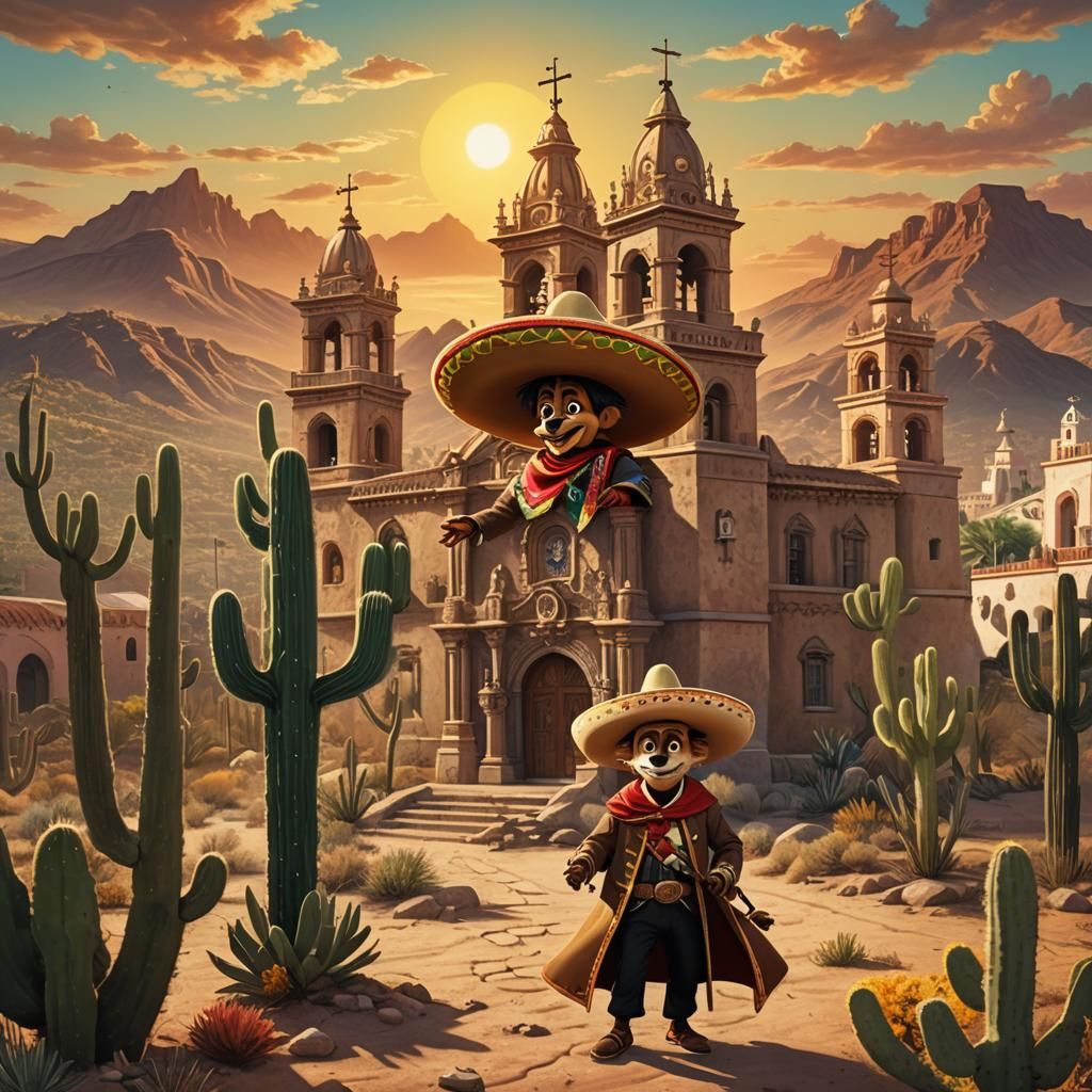 Medium size Speedy Gonzales wearing a sombrero in the middle of the lower center with old style Mexican church behind him and a desert with...