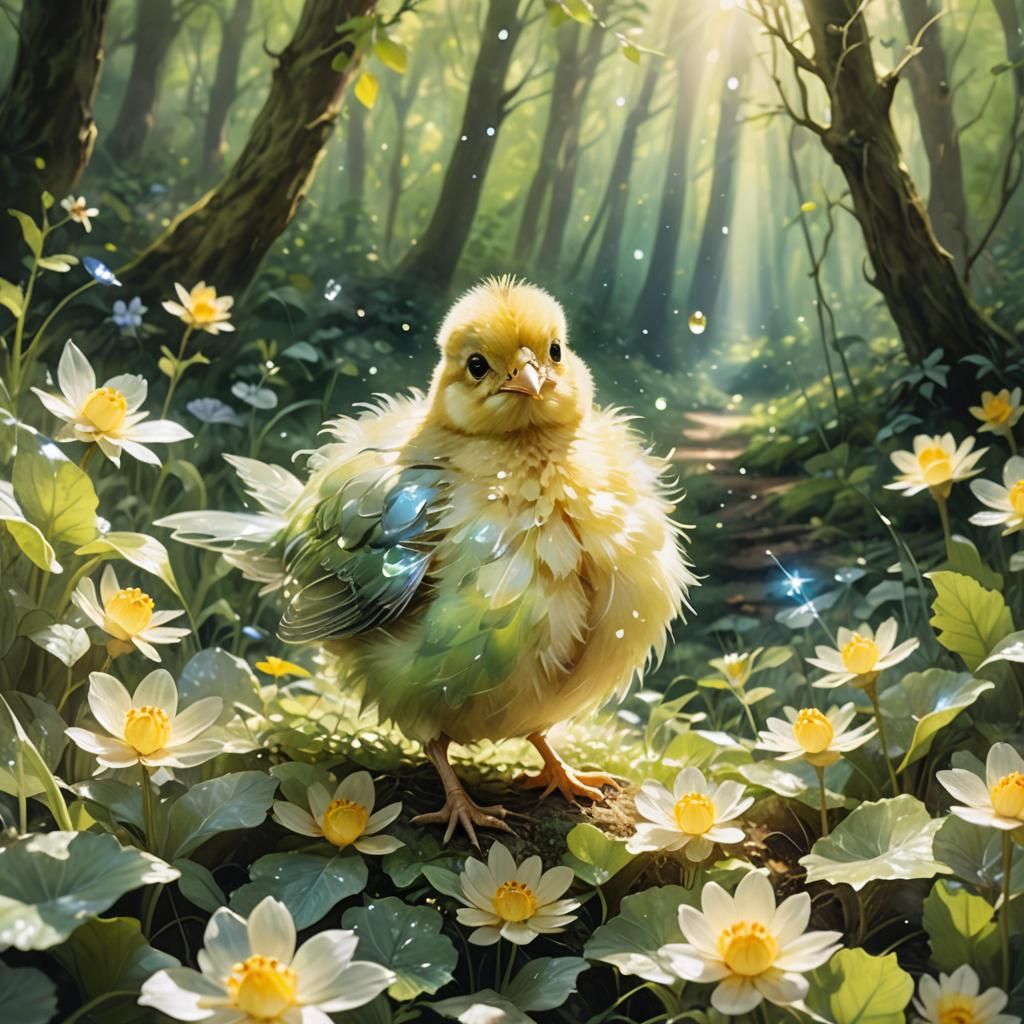 Chick in Crystal Flower: Whimsical Fantasy Art