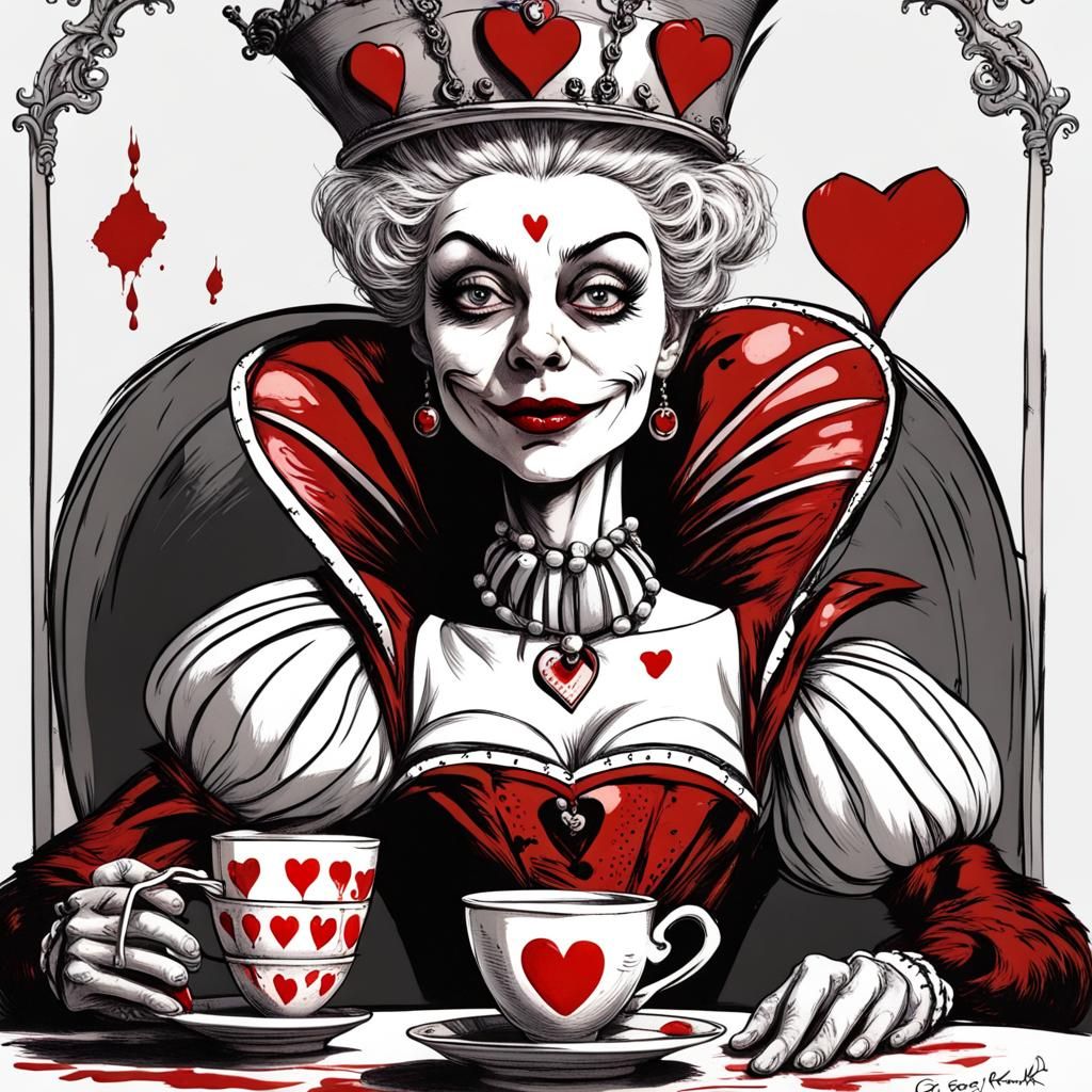 The Queen of Hearts holding a teacup full of blood, style of Tim Burton