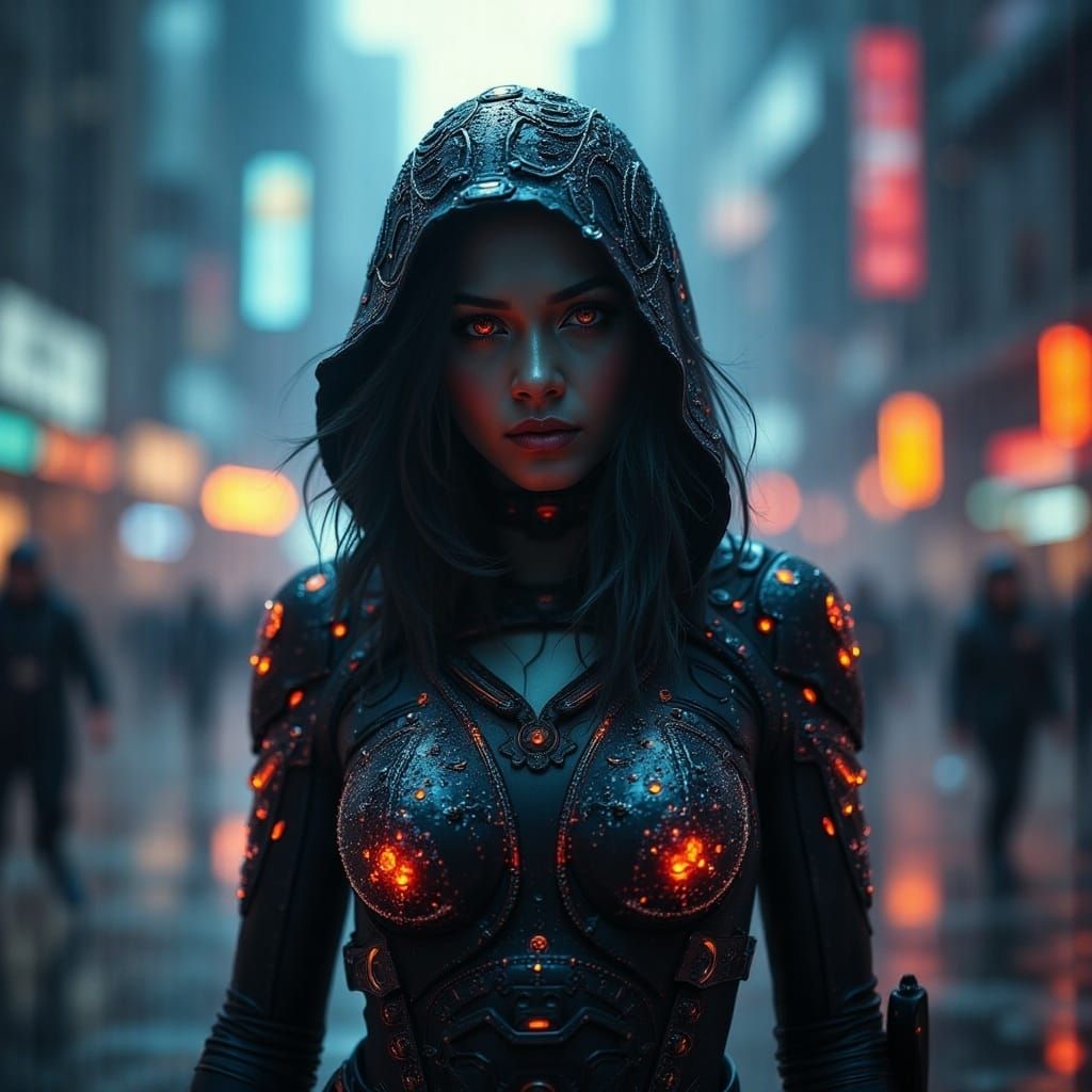 Medium shot of a female sci-fi protagonist in a cyberpunk city on a rainy evening. <lora:Wisps of Glow:1.0> 