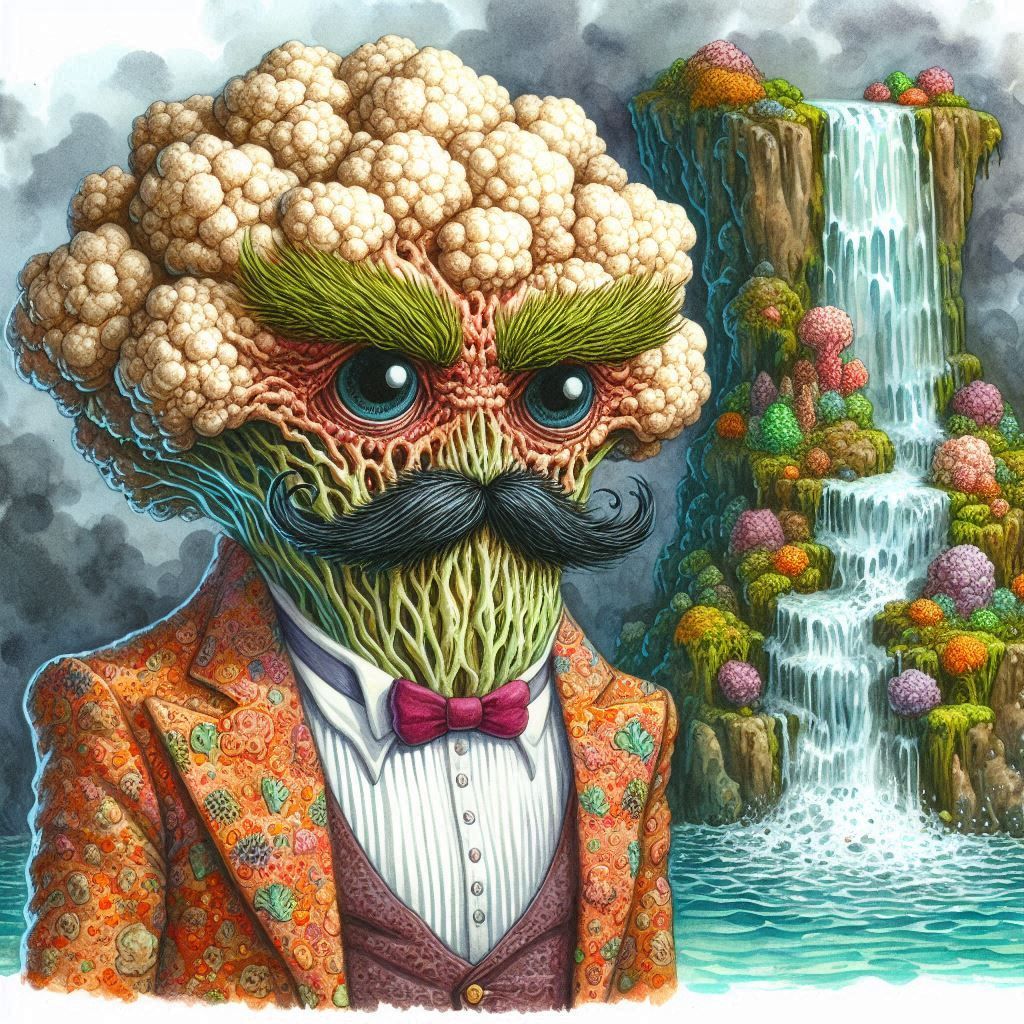 Mustachioed Cauliflower Monster Next To Waterfall