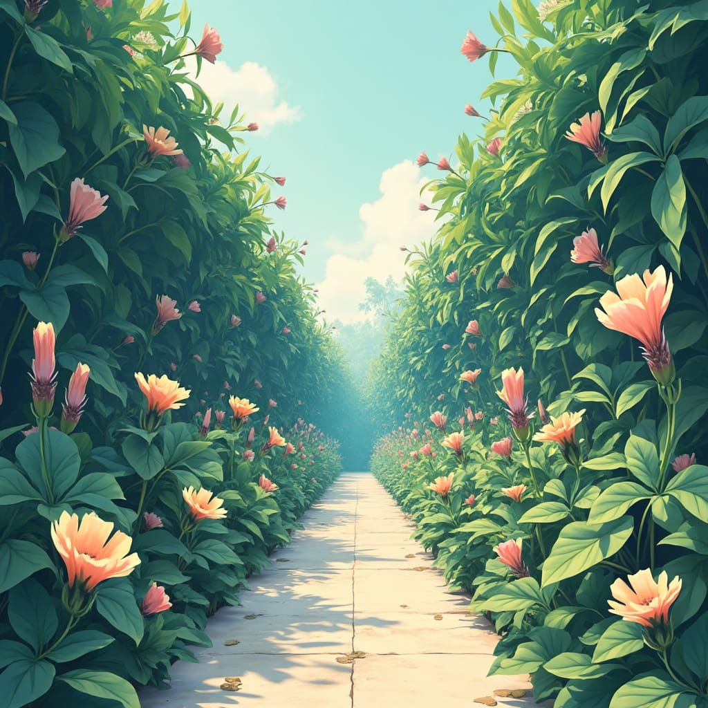 A captivating illustration of a vintage-style botanical garden, with green vines and pastel-colored flowers, infused with retro vibes from t...