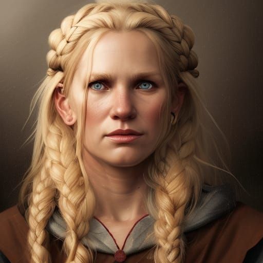 Middle-Aged blonde pigtailed female viking lumberjane  by @Madayar