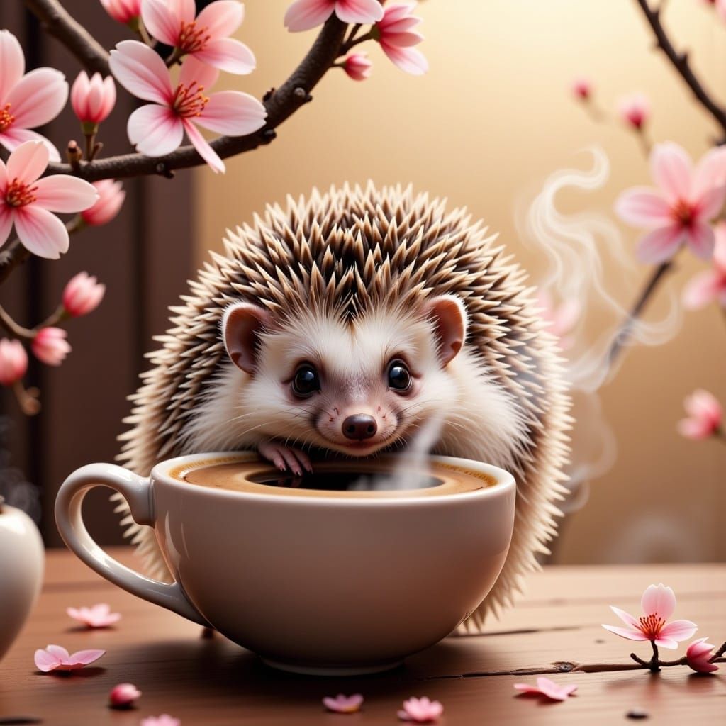 <lora:Coffee Mania Fx:1.0>, hedgehog peeking out of a ☕️, in style of Sangyeob Park, Yanjun Cheng and Susan Luo, japanese artstyle, kawaii,...