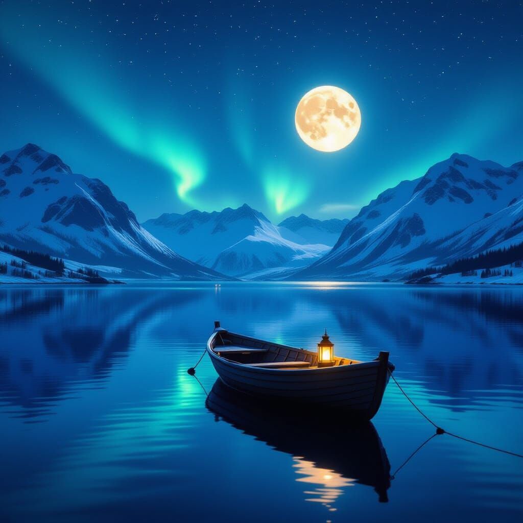 Moonlit Bay Under Northern Lights in Hyperrealism