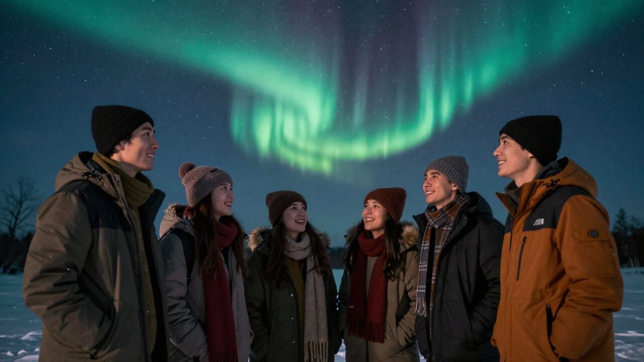 Friends Admire Starry Winter Night with Aurora