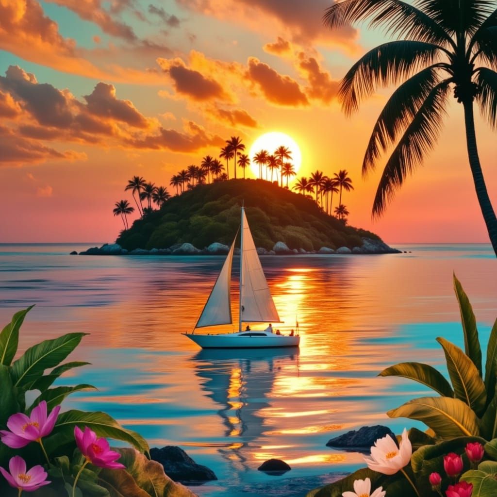 Dreamlike Seascape Sunset with Glassy Ocean and Yacht