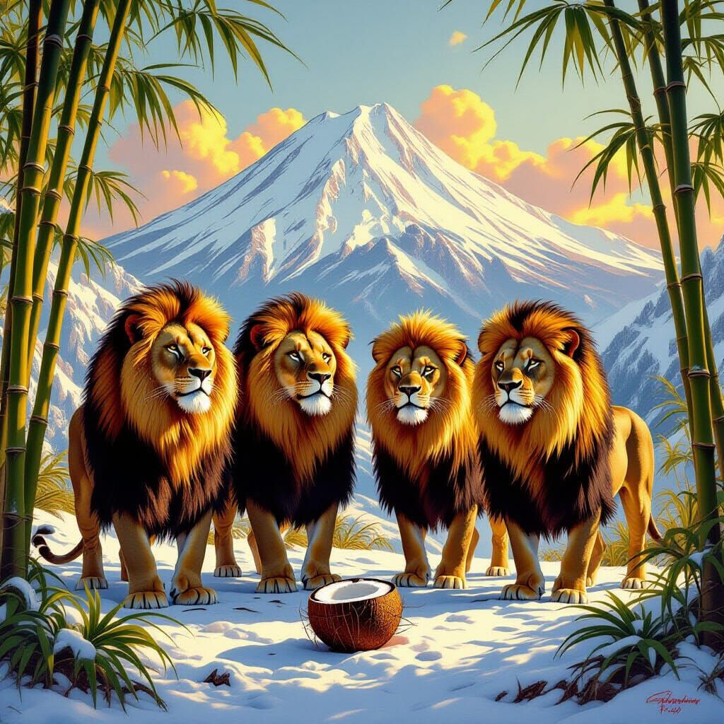 Regal Lions Before Mountain in Golden Hour Light