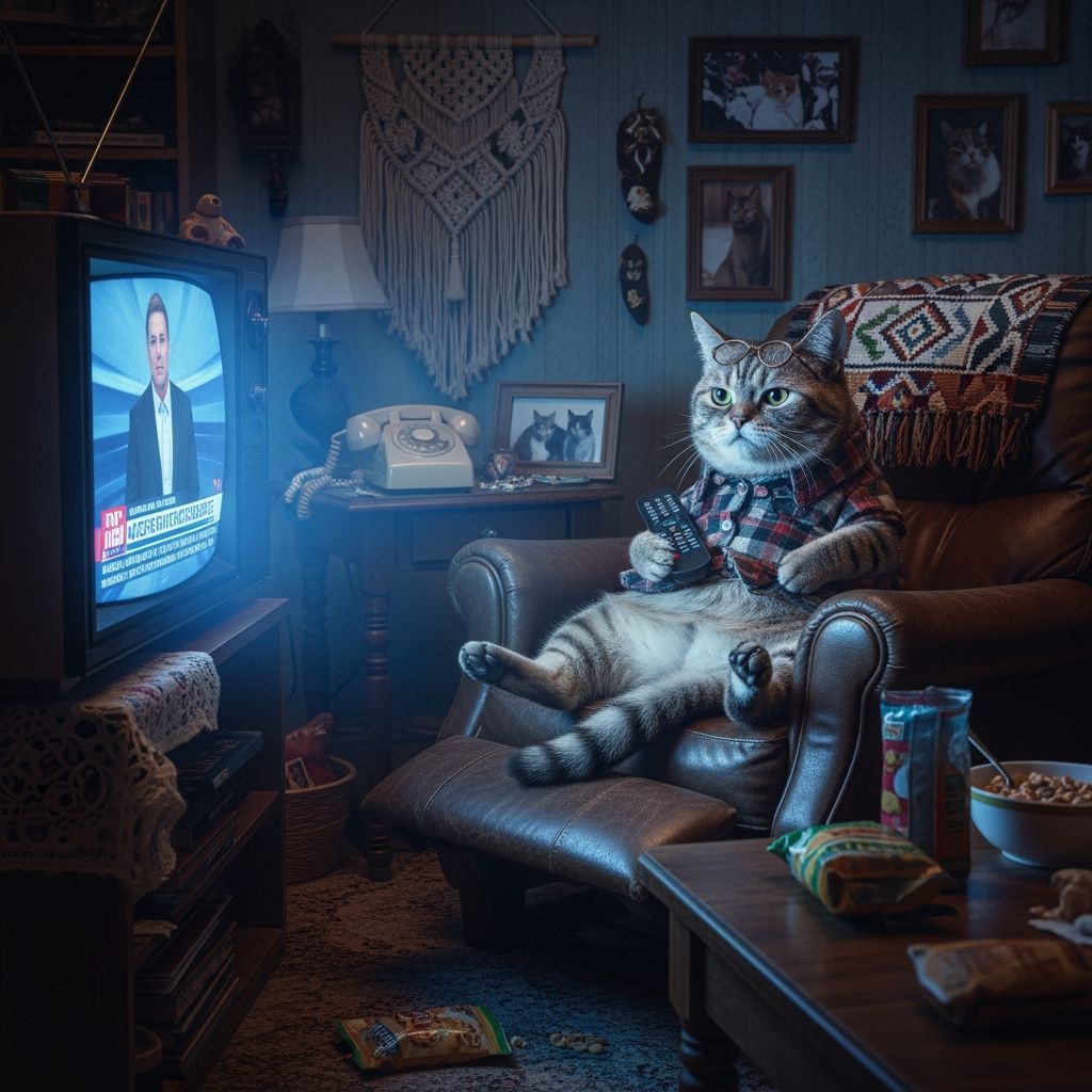 Boomer cat in a recliner watching tv  by @RPGCatLover