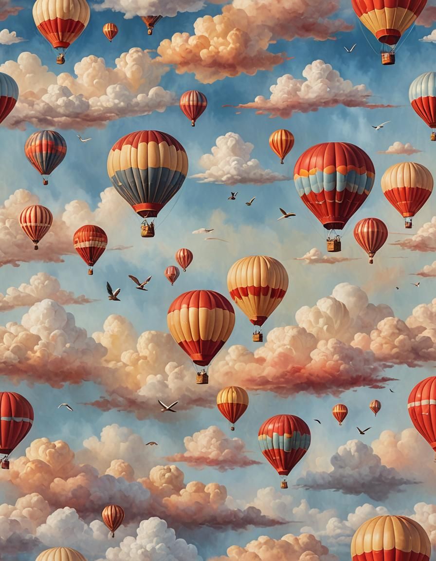*Scene:** A wide blue sky with thick white clouds.\n- **Balloons:** Three traditional hot air balloons, adorned with warm colors like red an...