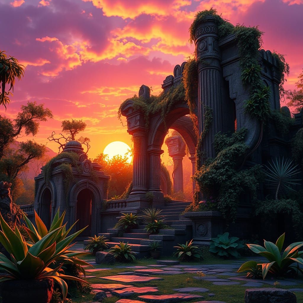 Ancient Ruins Transcend into a Vibrant, Dreamy Realm
