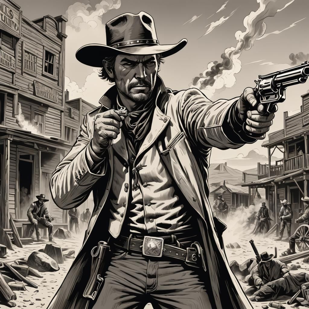 Burne Hogarth style, Wild West illustration, black and white...