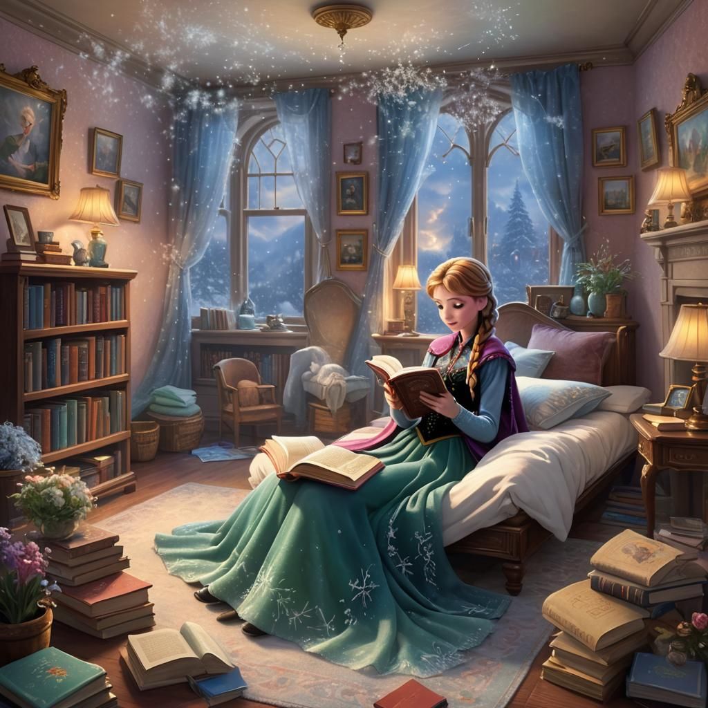 Anna from frozen reading a book in her room