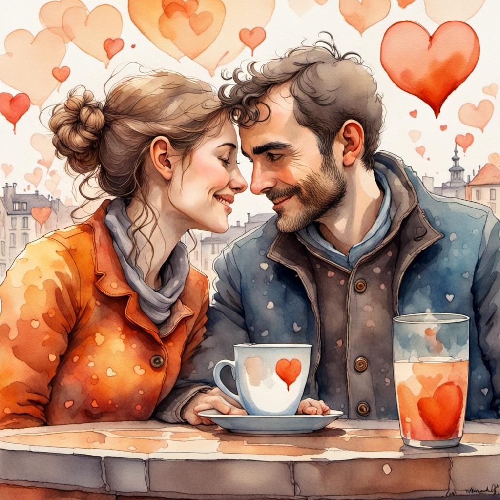 Romantic Couple Portrait with Floating Hearts in Watercolor