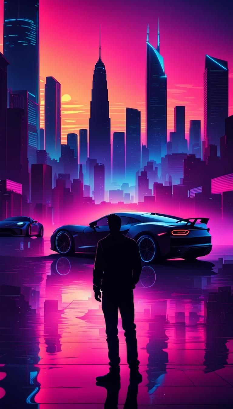 Silhouette of a man next to a sports car with a neon city Sk...