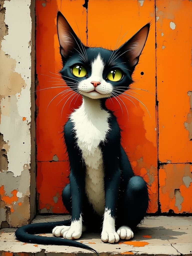 Dexter: A tall skinny messy tuxedo kitty with a white stripe on his nose, with lime green yellow eyes, he's sitting on the stoop of a crooked