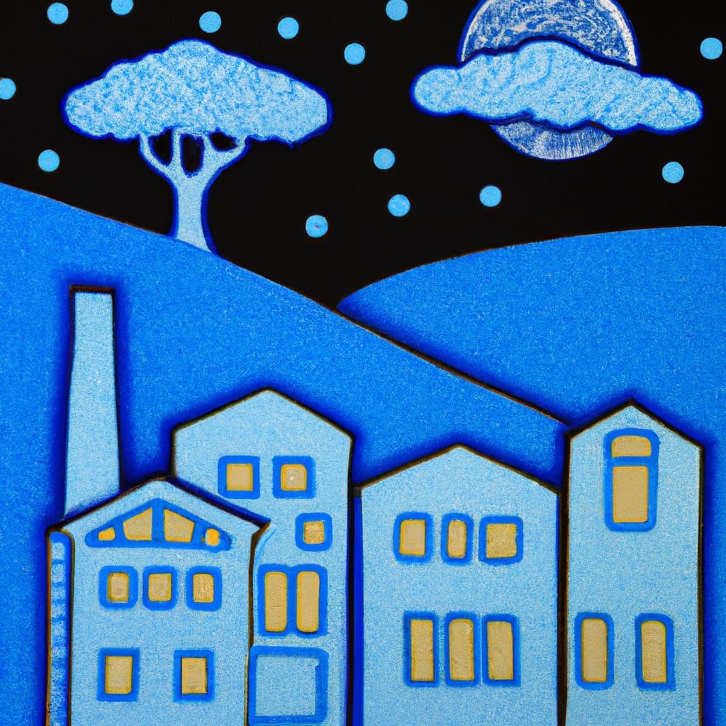 Village with moon, solchi e rilievi, blue, pointillism decal...