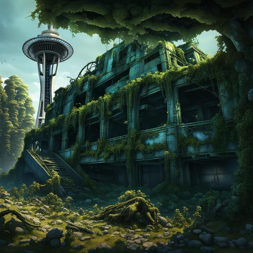 post apocalyptic, ruins of Seattle, space needle laying on its side overgrown with vines, bushes and evergreen trees