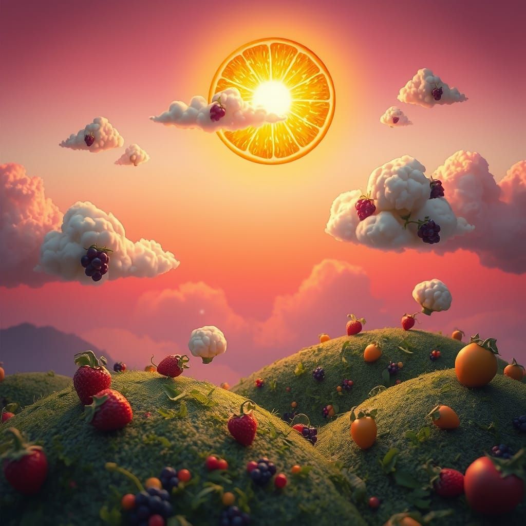 Glowing Fantasy Landscape with Cauliflower Clouds