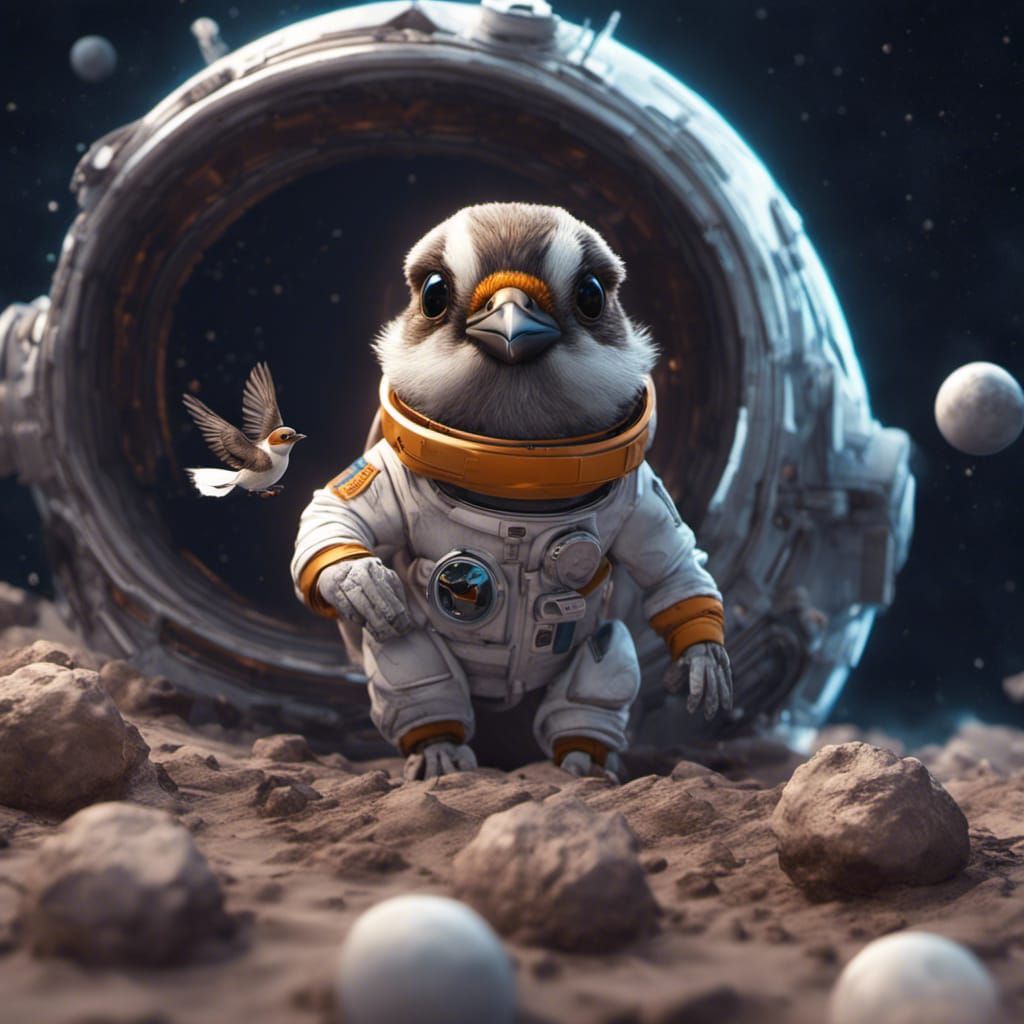 A cute tiny sparrow as an astronaut on the moon eating it.