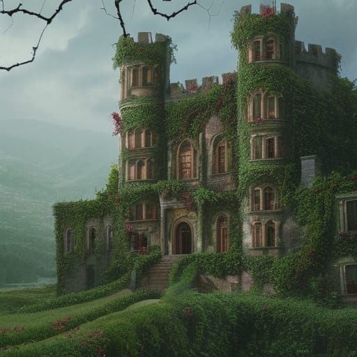 overgrowing old castles covered in vines, ivy and red roses AI