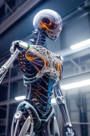 photorealism biomechanical transhumanoid caracter in translu...