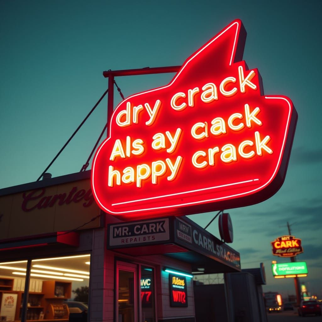 Retro-Futuristic Neon Sign in Vintage Auto Repair Shop