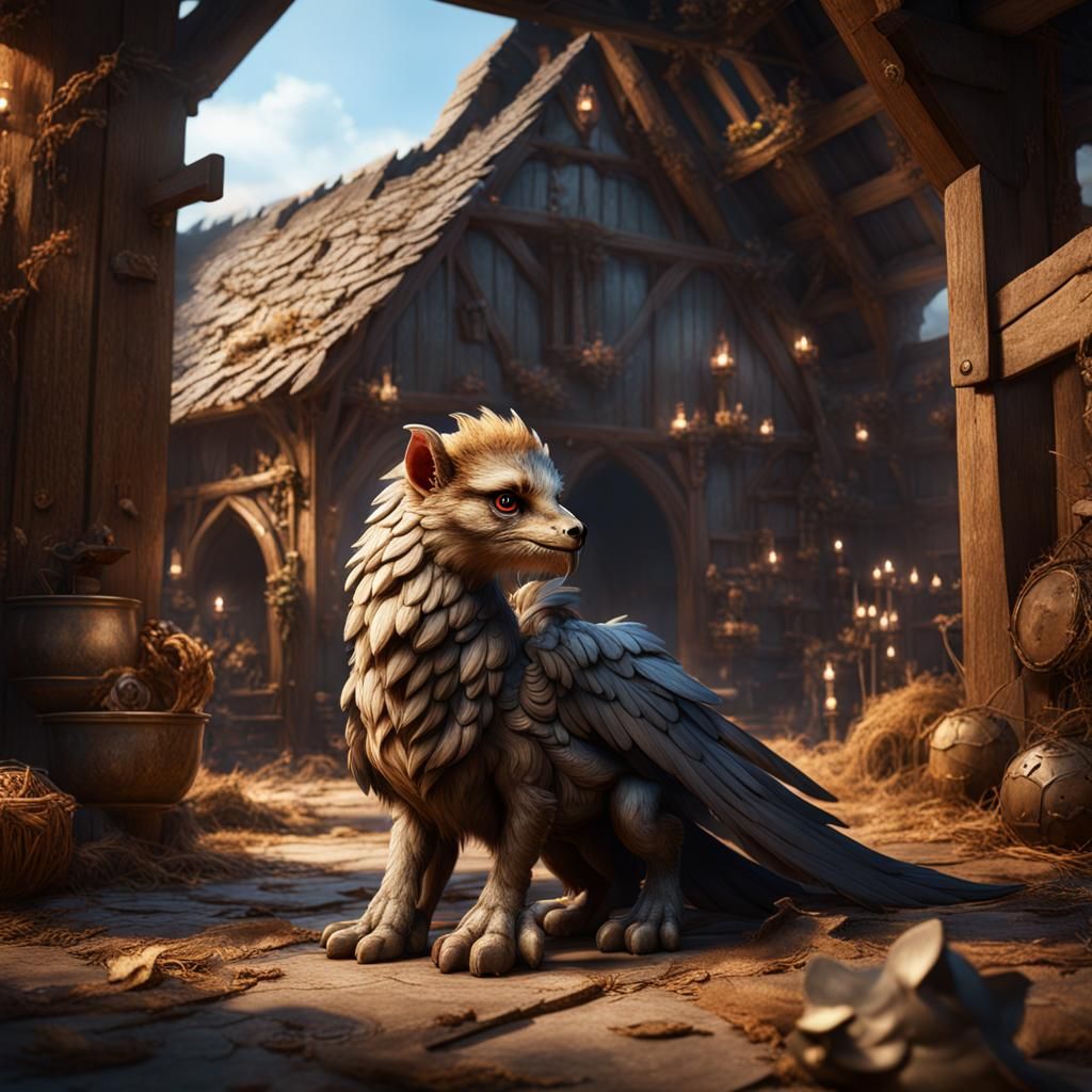 pet baby griffin in medieval barn setting. detailed matte pa...