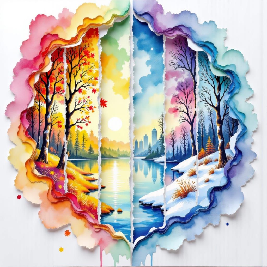 <lora:Four Seasons DE:1.0> Abstract vibrant watercolor portal swirls dripping in a double exposure effect across four vertical, ripped piece...