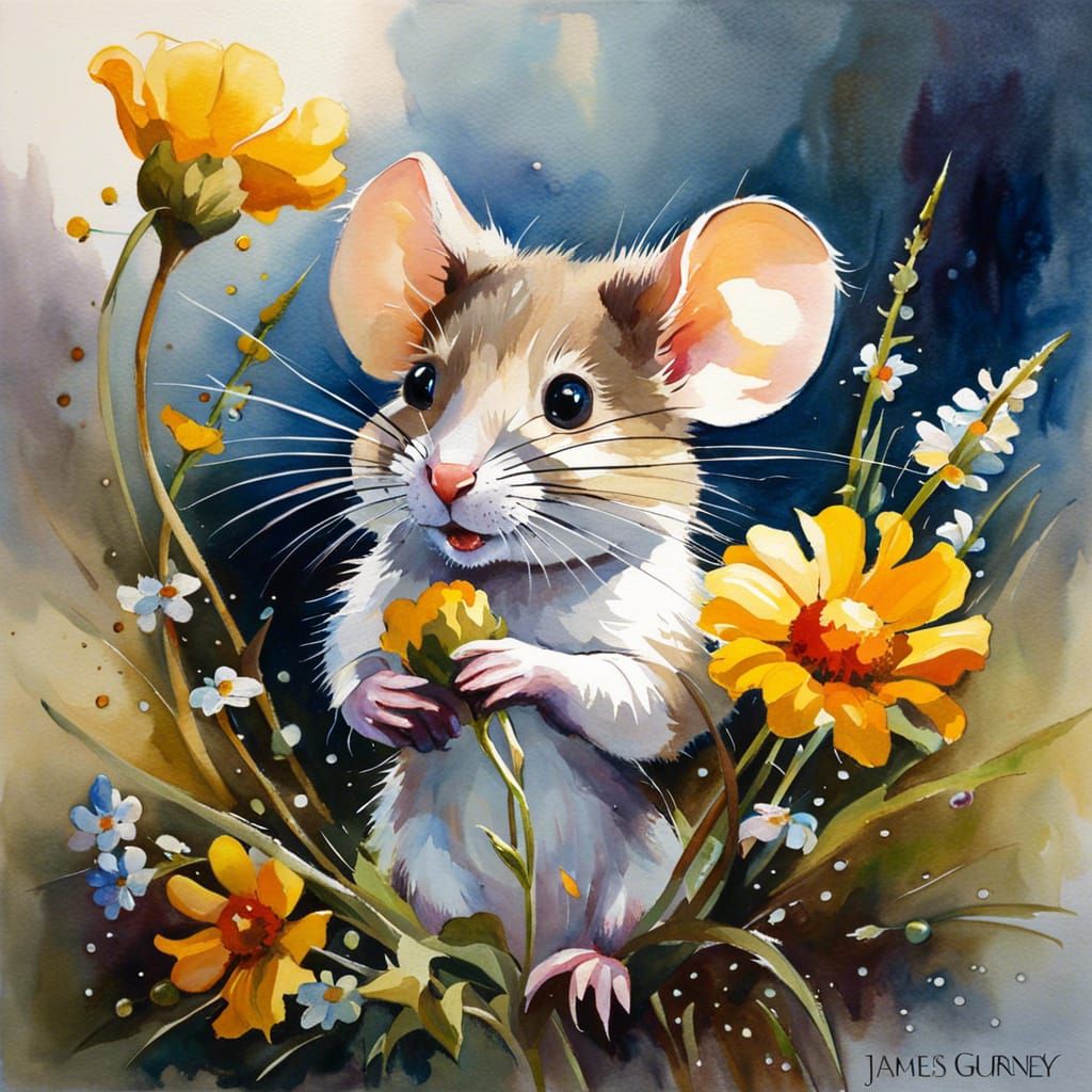 "Adorable mouse beautiful eyes, holding bouquet of wild flowers.   by @AcesPath