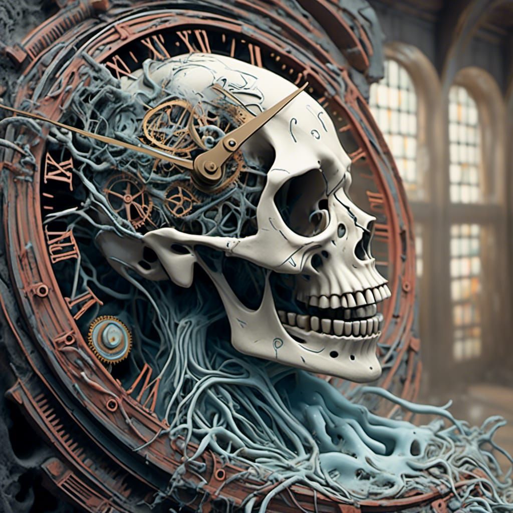 <lora:Boneyard:1.0> Stunning surreal image of a large clock face, being washed clean of human sins, the time healer cleansing time, bone str...