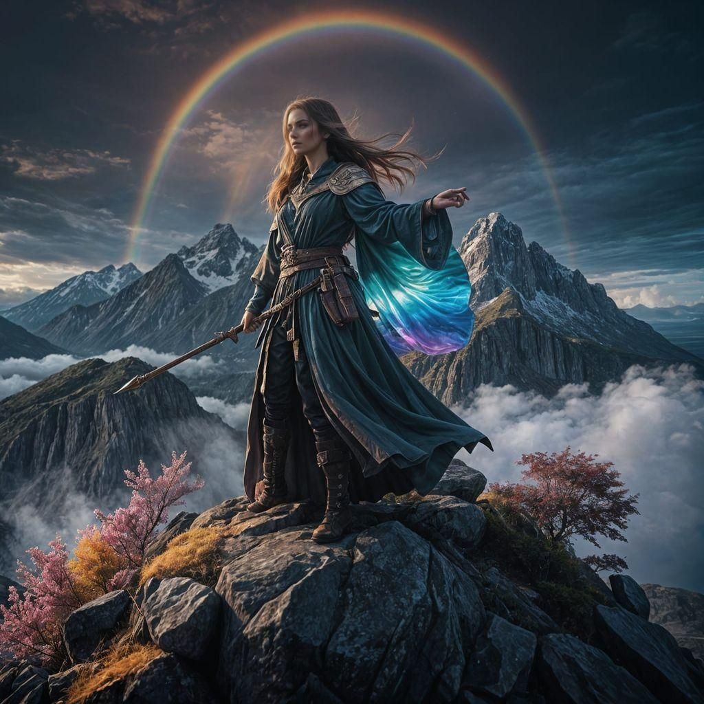 High fantasy epic beautiful female wizard on boulder, rainbow magic, scenic rainbow in background, correct anatomy, high detail, high qualit...