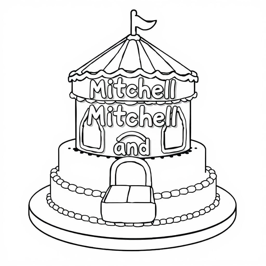 A cake that says "Mitchell and Maverick" depicting a bouncy ...