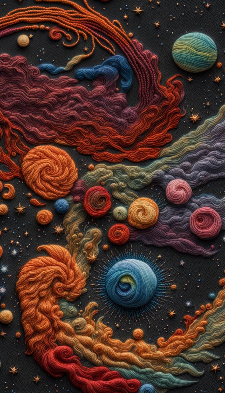 Colorful Nebula Embroidery, Fine Detail, woven scene, fabric...