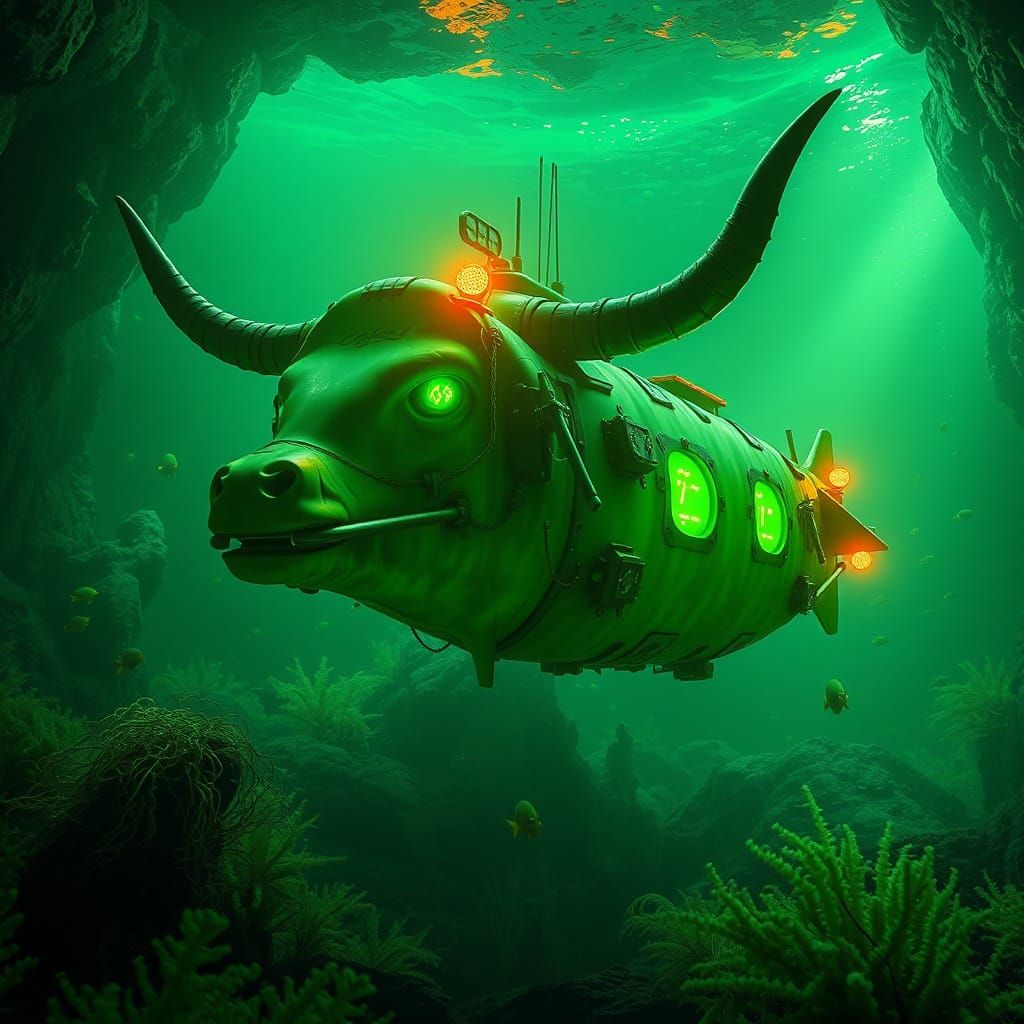 Fantastical Deep Ocean Cavern with Glowing Zombie Cow Submar...